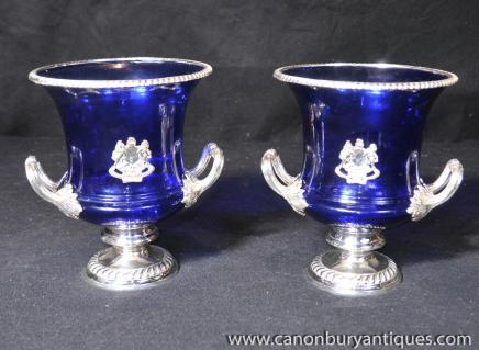 Pair Victorian Glass Silver Plate Campana Urns Planters 