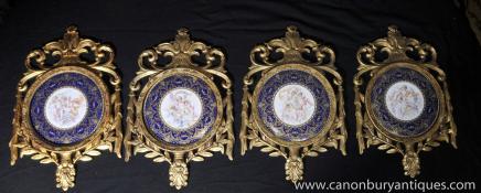 Set Four French Sevres Porcelain Cherub Plaques Gilt Wood Frame Set Four French Sevres Porcelain Cherub Plaques Gilt Wood Frame