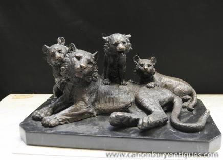 Bronze Statue Tiger and Cubs Lions Animals Casting 