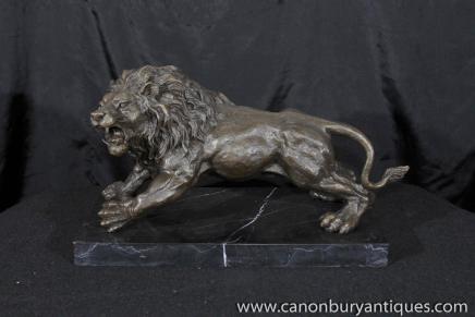 French Bronze Lion Statue Cat Casting Prowling Tiger Animals 