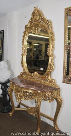 French Louis XV Gilt Console Table Mirror Set Rococo 