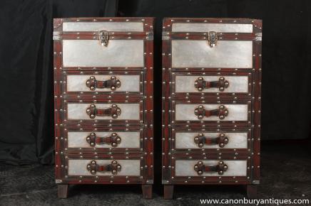 Pair Campaign Industrial Nightstands Chest Drawers Bedside Tables Luggage Trunk
