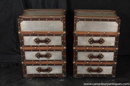 Pair Campaign Nightstands Bedside Chests Brushed Metal Industrial Luggage Trunk