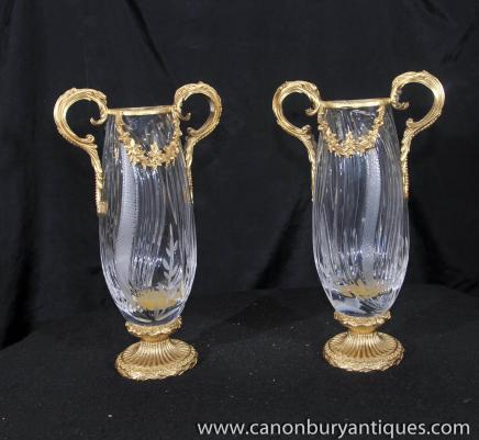 Pair French Empire Cut Glass Rose Vases Urns Ormolu 