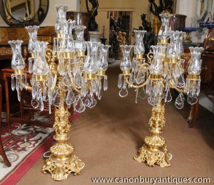 Pair French Empire Ormolu Table Lamps Lights Girandoles 