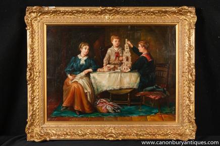Signed Dutch Oil Painting Family Portrait Gilt Frame