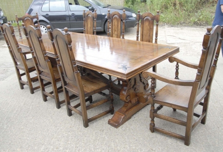 9 ft French Rustic Refectory Table & William Mary Chairs Dining Set 