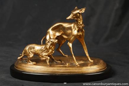 French Ormolu Greyhound Dog Spaniel Statue Signed PJ Mene Bronze French Ormolu Greyhound Dog Spaniel Statue Signed PJ Mene Bronze