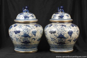 Pair Blue and White Porcelain Lidded Urns Kangxi Chinese Pottery