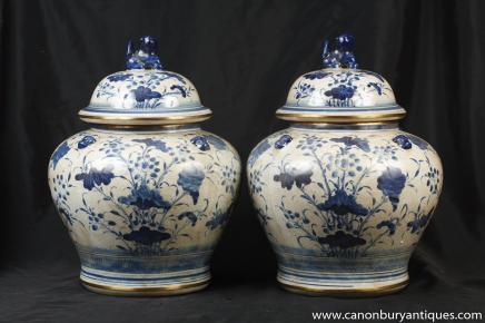 Pair Blue and White Porcelain Lidded Urns
