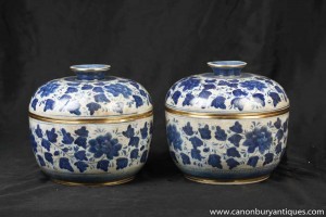 Pair Chinese Kangxi Blue White Porcelain Lidded Pots Jars Pottery