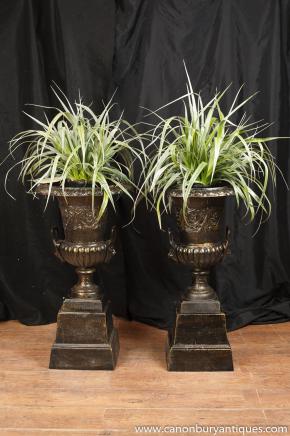 Pair English Victorian Cast Iron Garden Campana Urns Stands