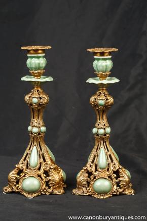 Pair French Art Nouveau Candlesticks Ormolu Porcelain Candles