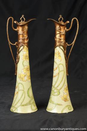Pair French Art Nouveau Porcelain Decanters Jars Urns Jugs