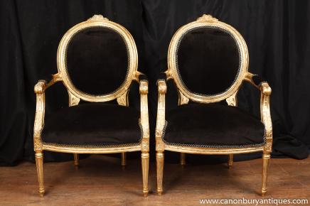 Pair French Empire Gilt Arm Chairs Fauteils