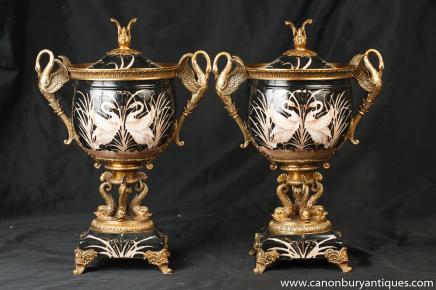 Pair French Empire Porcelain Lidded Urns Swan Serpent Ormolu Comport Vase Pair French Empire Porcelain Lidded Urns Swan Serpent Ormolu Comport Vase
