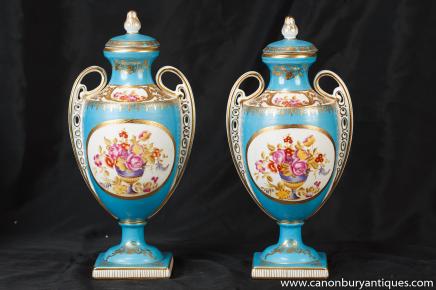 Pair German Dresden Porcelain Floral Vases Urns Lidded