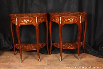 Pair Louis XV Demi Lune Console Tables Marquetry Inlay