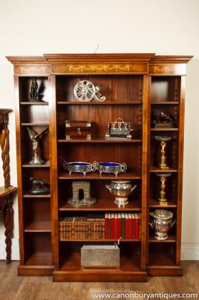 Walnut Regency Breakfront Bookcase Open Sheraton Inlay 