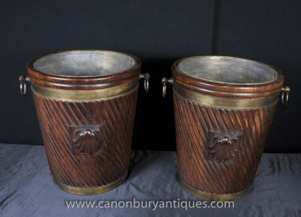 Pair English Victorian Peat Buckets Planters Mahogany Urns Brass