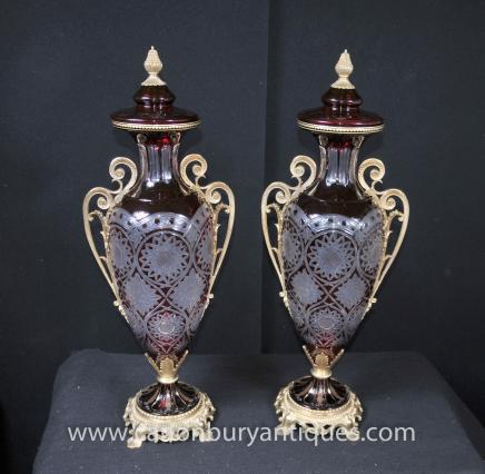 Pair French Empire Cut Glass Vases Amphora Lidded Urns 