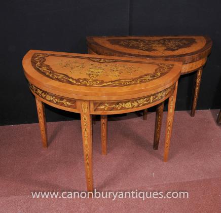 Pair French Empire Demi Lune Console Tables Contra Inlay Round 