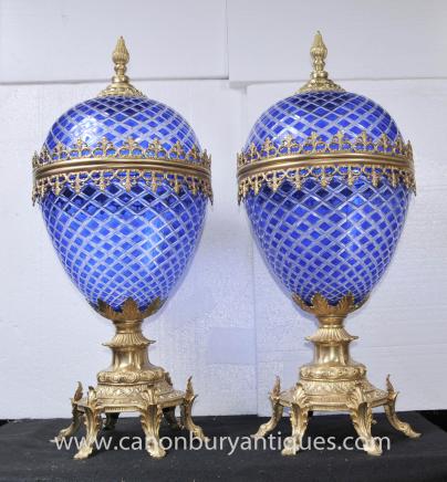 Pair Russian Imperial Cut Glass Lidded Urns Ormolu Mounts Vase Pair Russian Imperial Cut Glass Lidded Urns Ormolu Mounts Vase
