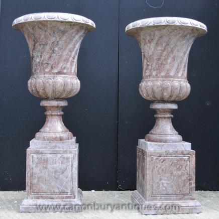 Pair XL English Marble Garden Campana Urns Vases Architectural Regency 