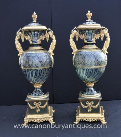 Pair XL French Louis XV Cut Glass Vases Urns Ormolu Mounts 