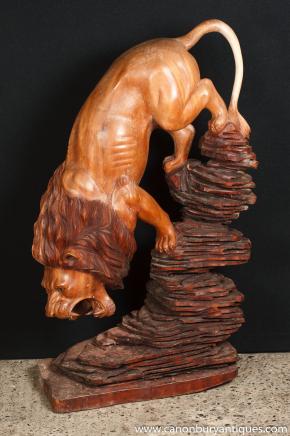 French Hand Carved Lion Statue Cat Tiger Art
