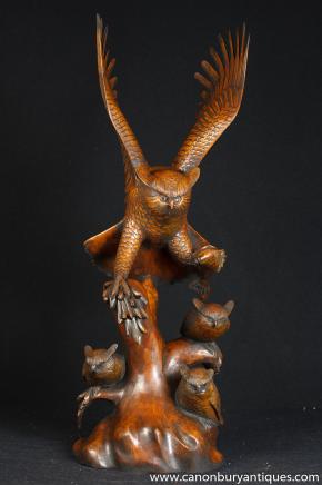 Hand Carved Rustic Victorian Barn Owl Family Owlets Bird Prey
