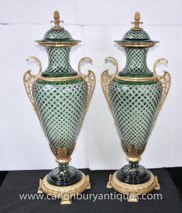 Pair 3ft Empire Cut Glass Amphora Lidded Urns Vases