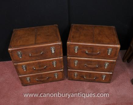 Pair English Leather Campaign Bedside Chests Nightstands Furniture Pair English Leather Campaign Bedside Chests Nightstands Furniture