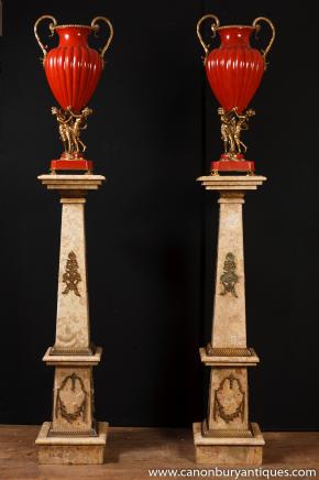 Pair French Empire Marble Pedestal Stands Tables Pair French Empire Marble Pedestal Stands Tables