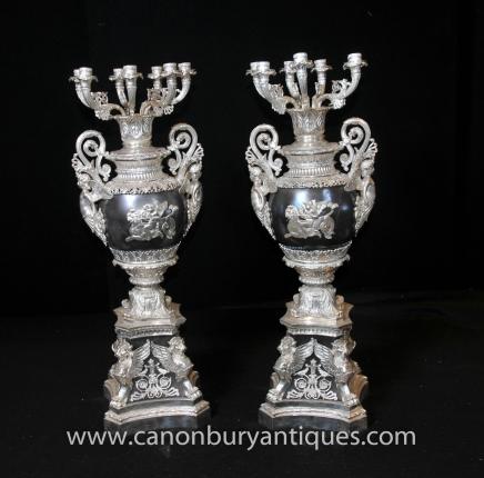 Pair French Empire Silverplate Candelabras Marble Urns Candle Pair French Empire Silverplate Candelabras Marble Urns Candle