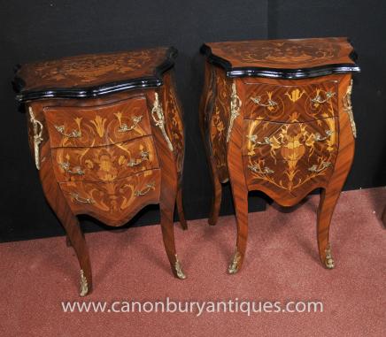 Pair French Louis XVI Nightstands Bedside Chests Bombe Commodes