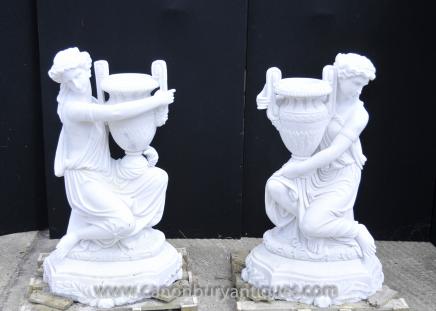 Pair Italian Marble Maiden Statue Garden Urns Lifesize Sculpture 