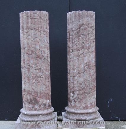 Pair Large Italian Tuscan Marble Column Pedestal Stands Pair Large Italian Tuscan Marble Column Pedestal Stands