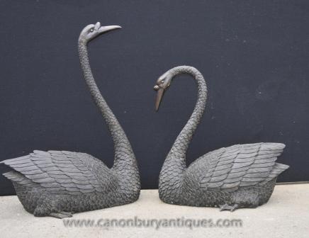 Pair Lifesize Pair Bronze Swans Swan Bird Casting Statue 