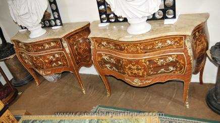 Pair Louis XV Inlay Chests of Drawers Bombe Commodes 