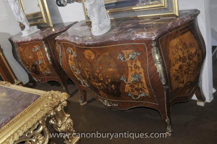 Pair Louis XV Marquetry Inlay Bombe Commodes Chest Drawers 