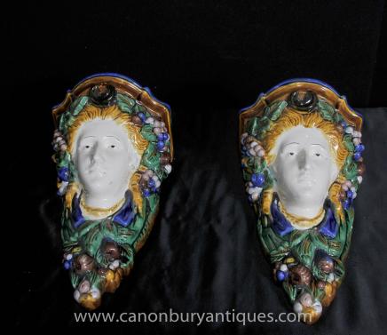 Pair Majolica Pottery Cherub Wall Stands Porcelain Shelf 