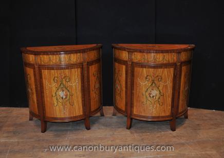 Pair Painted Satinwood Regency Demi Lune Cabinets Chests Commodes Pair Painted Satinwood Regency Demi Lune Cabinets Chests Commodes