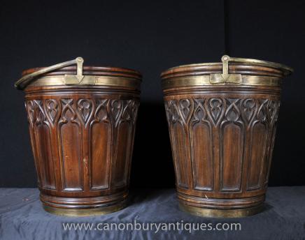 Pair Victorian Gothic Peat Buckets Mahogany Planters 