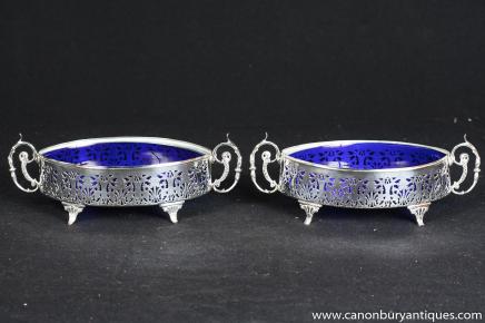 Pair Victorian Silver Plate Baskets Glass Inner Lattice