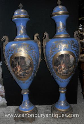 Pair XL French Sevres Porcelain Amphora Vases Urns Architectural 