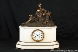 French Empire Marble Bronze Figurine Mantle Clock