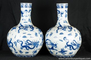 Pair Chinese Ming Porcleain Blue and White Medallion Vases Urns Dragons