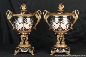 Pair French Porcelain Urns Bowls Stands Japanese Crane Handle