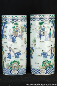 Pair Japanese Nabeshima Ware Porcelain Umbrella Stands Urns Vases